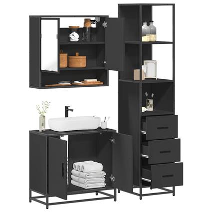 vidaXL 3 pcs conjunto móveis casa de banho derivados de madeira preto