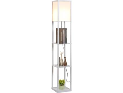 HOMCOM Lâmpada de assoalho de madeira com 3 prateleiras para sala de estar potência máxima do bulbo E27 40W 26x26x160 cm branco
