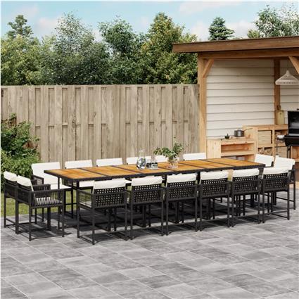 vidaXL 17 pcs conjunto de jantar p/ jardim c/ almofadões vime PE preto