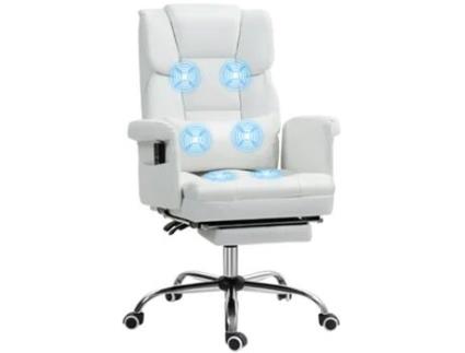 Cadeira de Escritório com Massagem Couro Pu Aço e Espuma Cor Blanco 69X65X107-115 Cm HOMCOM