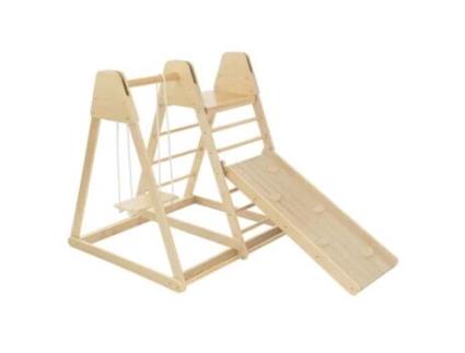 Parque Infantil Interior Dobrável de Madeira Torre de Jogo Parede de Escalada Escorrega Baloiço Conjunto de Baloiço JOYZ