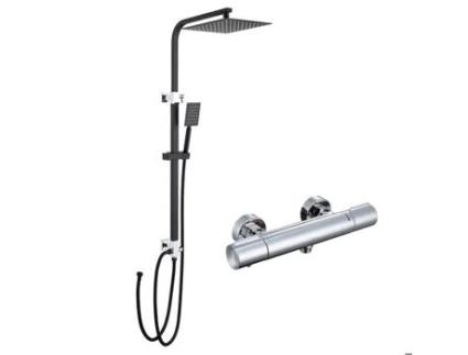 Coluna de Duche Preta Alta Ajustável 69-113 Cm com Chuveiro Suspenso de 10 Polegadas e Misturador Termostático de Latão AURALUM MAX