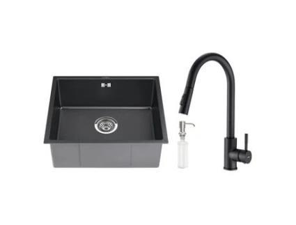 Pia 50X43X19 Cm em Aço Inoxidável com Torneira de Cozinha Spray Removível e Dispensador de Sabão AURALUM MAX