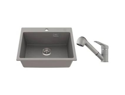 Pia de Cozinha de Pedra de Quartzo Cinza 55X45X20Cm com Torneira de Cozinha com Spray Extraível Conjunto de Drenagem AURALUM MAX