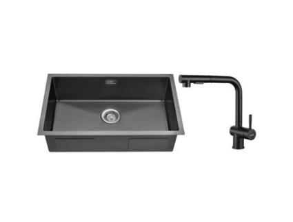 Pia de Cozinha 70X44X19 Cm Preto Undermount Pia com Torneira de Cozinha Giratória 360 com Spray Removível e Conjunto de Drenagem AURALUM MAX
