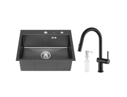 Lavatório 55X45X18 5Cm em Inox com Torneira de Cozinha Spray Extraível Dispensador de Sabão e Sistema de Drenagem AURALUM MAX