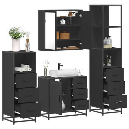 vidaXL 4 pcs conjunto móveis casa de banho derivados de madeira preto