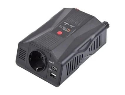 TECHNAXX Car Inverter 12 V a 230 V Certificado Tüv Rheinland com 1 Tomada Schuko e 2 Portas Usb Potência 300 W / 600 W Pico