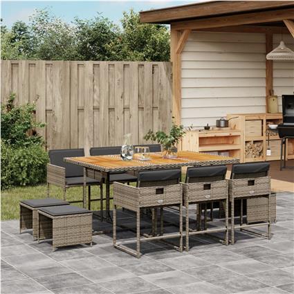 vidaXL 11 pcs conjunto jantar p/ jardim c/ almofadões vime PE cinzento