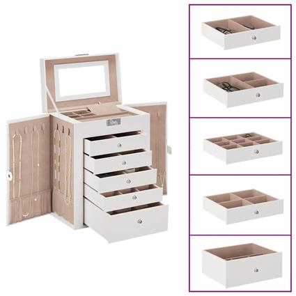 vidaXL Caixa para jóias de 6 camadas com espelho com fechadura Branco