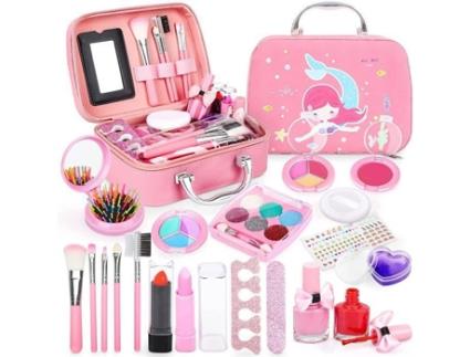 SDLOGAL Brinquedo de maquiagem infantil rosa estojo 20pcs acessórios múltiplos material de segurança