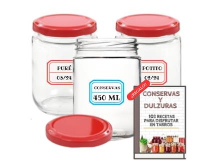 12 Frascos de Vidro de 450 Ml com Tampas Metálicas Vermelhas Tampas de Rosca Hermética para Alimentos Caseiros Inclui Etiquetas MUNDOTARROS