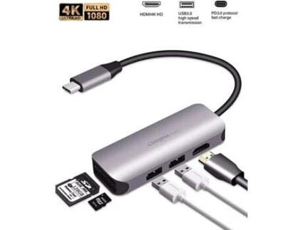 Hub de Liga de Alumínio 5 em 1 Usbc Hub com Adaptador 4K Usbc para Hdmi 1 Porta Usb 3 1 Porta Usb 2 Leitor de Cartões/Micro Cartão OVEGNA Pl002