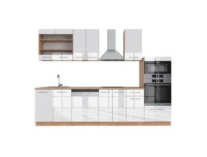 Cozinha Fame-Line, 300 cm com armário alto, sem bancada, branco brilhante/carvalho dourado, Vicco