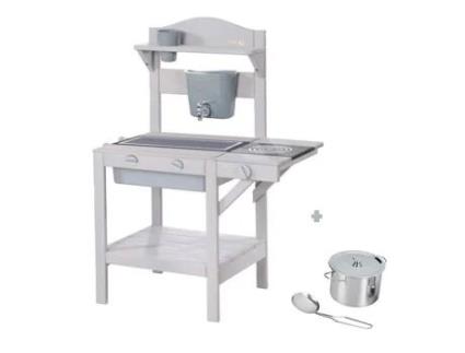 Jogo infantil de cozinha ao ar livre ROBA - Brinquedo de imitação com bandeja removível e acessórios - Madeira maciça cinza claro