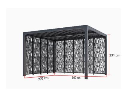 Pérgola Bioclimática de Alumínio com Painéis Moucharabieh Cinza para 3 M de Lado 3,60 M de Lado Per36M30Mbi HABRITA