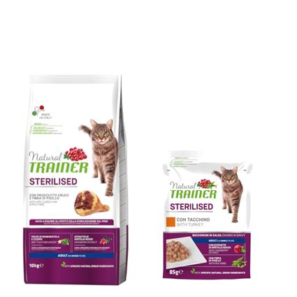 Natural Trainer Adult 10 kg + 12 x 85 g comida húmida a preço especial! - 10 kg Sterilised com presunto cru + 12 x 85 g Sterilised peru