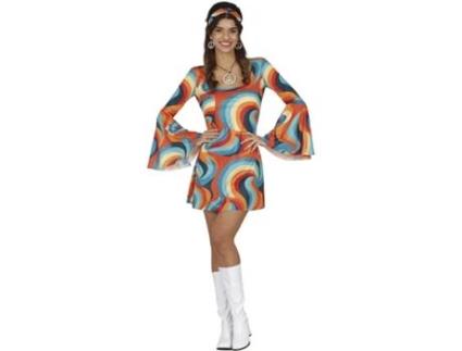 Fato multicolor cheio de curvas dos anos 70 para mulher