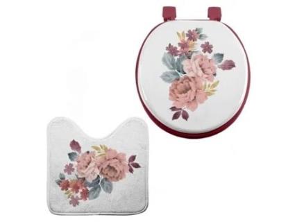 Assento sanitário e tapete Pasadera - SOFT INTERIOR - Branco e rosa - Madeira MDF - Microfibra impressa