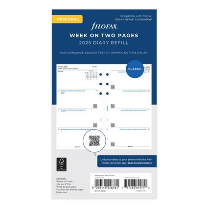Filofax Recarga Organizador Personal - Multilínguas, 95 x 171 mm, 68 Folhas