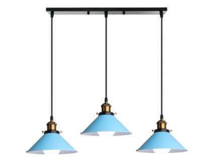 Lustre industrial 3 lâmpadas, design Edison, metálico, suspensão azul