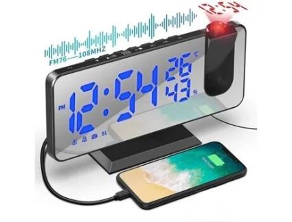 Despertador com projetor de teto, rádio despertador FM espelho, com temperatura e porta USB, despertador duplo, brilho LED ajustável GOBRO