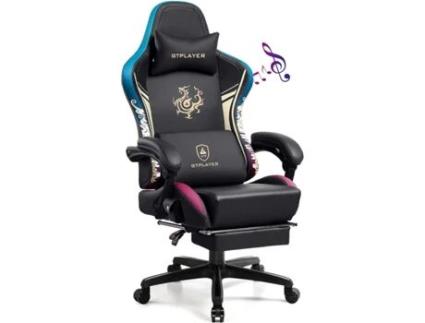 Cadeira GTPLAYER Ergonómica para Jogos com Bluetooth e Apoio de Cabeça Reclinável para os Pés e Almofada Lombar para Trabalho e Lazer Preto