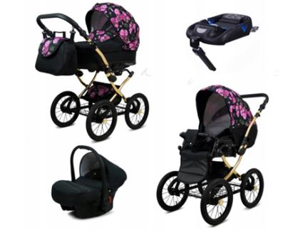 Carrinho de Bebé Multifuncional BABYLUX MARGARET GOLD 4 Em 1 -Bouquets Peony On Black - Ajustável e dobrável Construção leve em alumínio - Acessórios