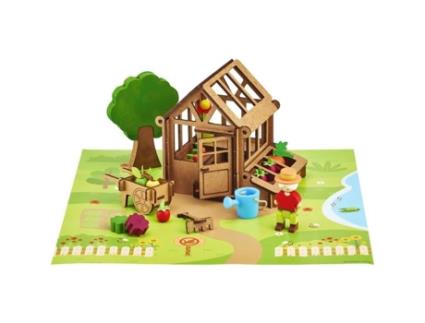 Estufa do Jardineiro 40 Peças - JEUJURA - Jogo de Construção em Madeira Natural, Tapete e Acessórios Incluídos, 22x18,5x8,5 cm