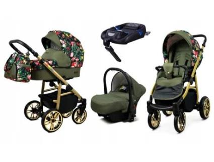 Carrinho de Bebé Multifuncional BABYLUX CLASSIC GOLD 4 Em 1 -Roses With Tulips On Black GOLD FRAME - Ajustável e dobrável Construção leve em alumínio