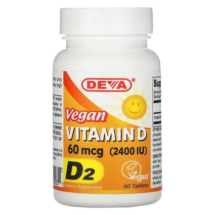 Deva, Vegan Vitamina D, D2, 60 mcg (2.400 UI), 90 Comprimidos