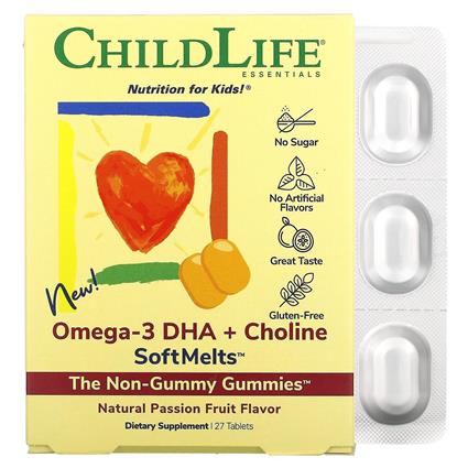 ChildLife, Omega-3 DHA + Colina SoftMelts, Maracujá Natural, 27 Comprimidos