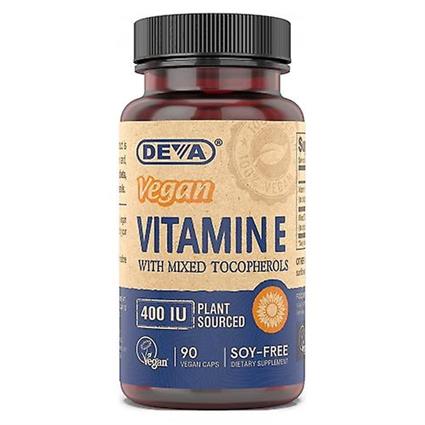 Vitaminas Veganas Deva Vitamina E Natural Vegana,400 IU,tocoferóis mistos 90 vcaps (Pacote de 1)