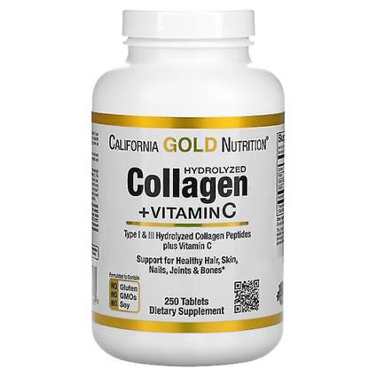 California Gold Nutrition, Peptídeos de colágeno hidrolisados + vitamina C, Tipo I e III, 250 comprimidos
