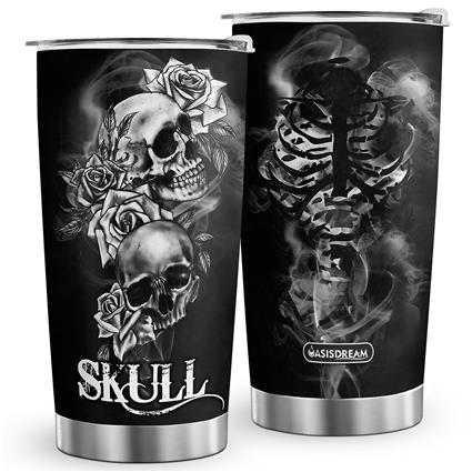 Oasisdream 20oz Skull Print Aço Inoxidável Dupla Parede Vácuo Tumbler isolado com tampa Preto