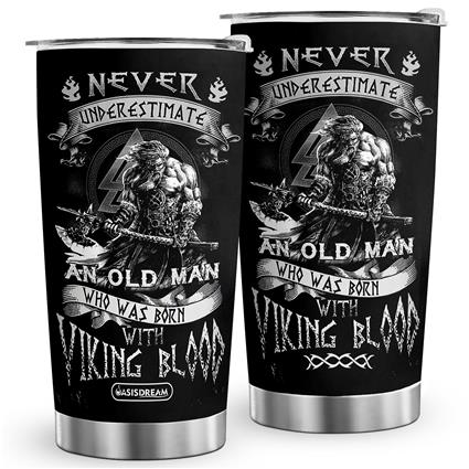 Oasisdream 20oz Mitologia Nórdica Viking Old Man Print Tumbler Aço Inoxidável Copo de Parede Dupla com Tampa Preto e branco