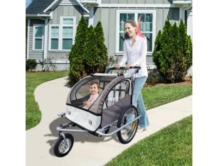 Reboque de Bicicleta para crianças 2 assentos com amortecedor e barra + carrinho de pé