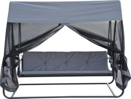 Outsunny Baloiço Cadeira de Balanço de 3 Lugares Conversível em Cama com Mosquiteira e Bolsa de Armazenamento para jardím Terraço e Pátio Material Aço Carga máx. 300kg - Cor Cinza - 240x140x197cm