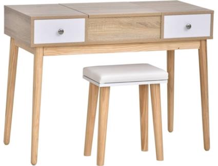 HOMCOM Penteadeira com espelho dobravel Gavetas e Banqueta 100x45x118 Cor Natural