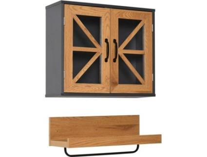 Kleankin 2 móveis de banheiro Armário e estante de parede aberta com toalheiro e fechadura magnética com portas de vidro 61x19,5x51 cm Madeira