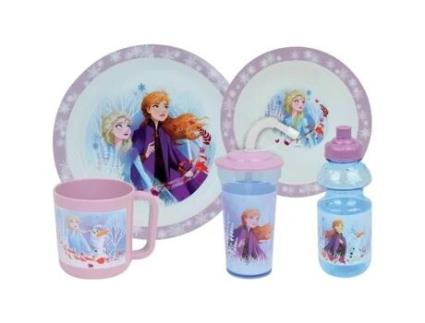Conjunto De Talheres Disney Frozen - Fun House - 006379 - Prato Fundo, Prato Plano, Caneca, Garrafa E Copo Com Canudo