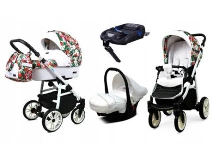 Carrinho de Bebé Multifuncional BABYLUX CLASSIC GOLD 4 Em 1 -Small Roses WHITE FRAME - Ajustável e dobrável Construção leve em alumínio - Acessórios