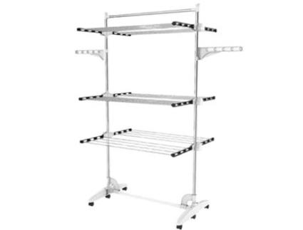 Todeco Estendal, Varal Material Tubos de Aço Inox, Carga Máxima 3 Kg por Barra de Apoio, 3 Prateleiras, com Abas e Barra Superior - Preto/Branco