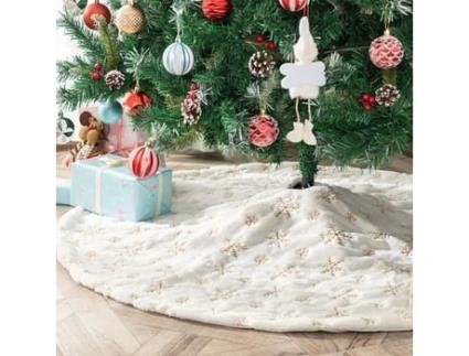 Saia de árvore de Natal branca de 122 cm Topper de árvore de pelúcia saia de árvore de Natal de pele sintética branca com flocos de neve dourados