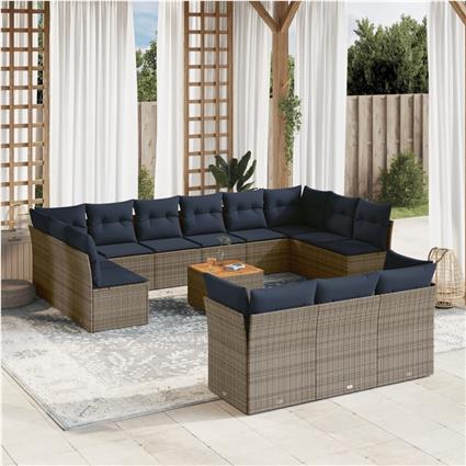 vidaXL 14 pcs conjunto sofás p/ jardim c/ almofadões vime PE cinzento