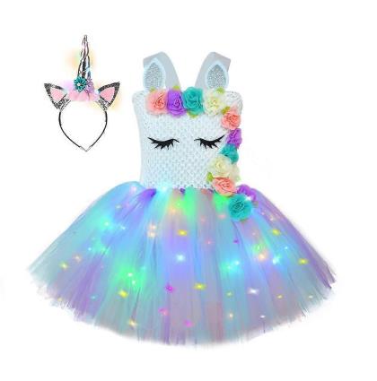 Princess Tutu Princesa Tutu LED Unicórnio Vestido com 12pcs Flores Iluminar Trajes Branco S(1-2T)