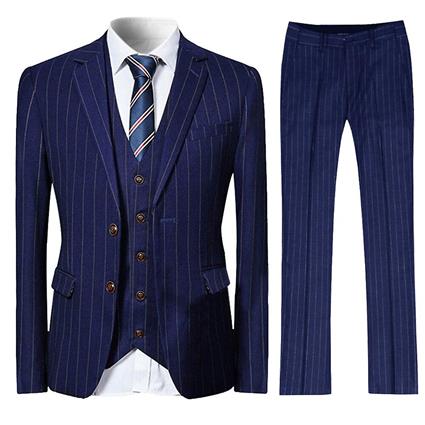 Allthemen Mens 3-Piece Business Suit Slim Stripe Terno de Casamento Azul marinho L