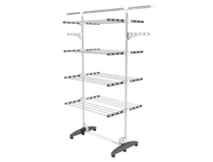 Todeco Grandes Arejadores de Roupas Dobráveis de 4 Camadas, Cabideiros com 6 Rodas, Barra Superior Extensível, 2 Asas, Cinza