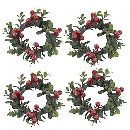 Sweox Anéis de vela 4-pack para velas pilares com lingonberries vermelhas geladas e galhos de lingonberry verde