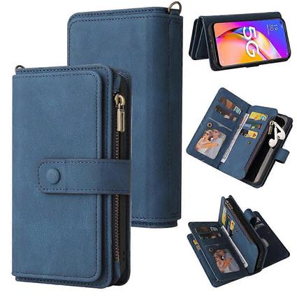 Gangxun Capa para OPPO A74 5G / A54 5G Capa Titular Do Cartão De Crédito À Prova De Choque Premium Couro PU Anti-Riscos Bolso Com Zíper - Azul
